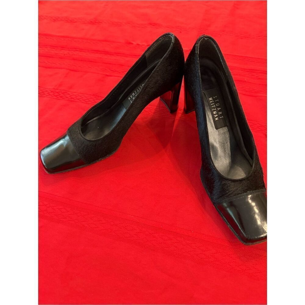 Stuart Weitzman Anna Black Peau Pump Haircalf & Patent Square-Toe Pumps Size 8.5